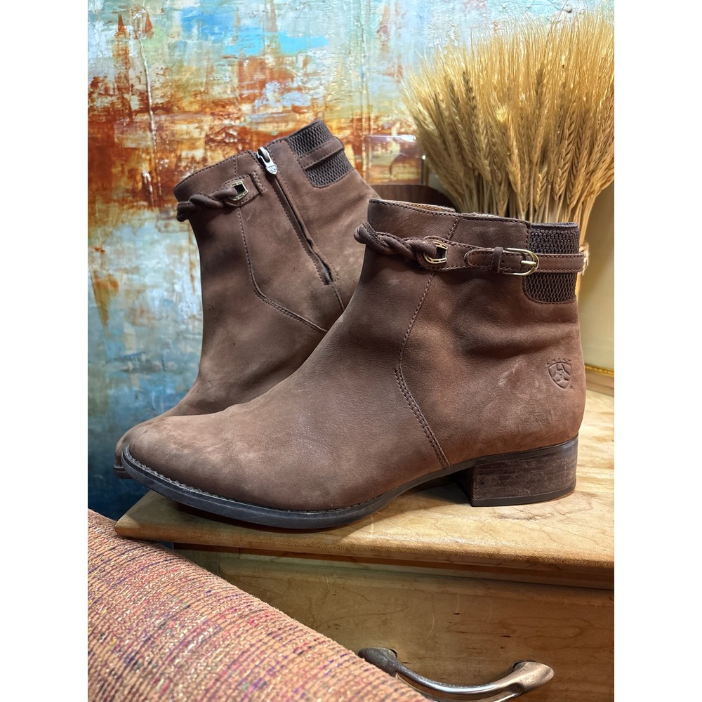 Ariat Brown Suede Ankle Boots Braided Strap Buckle Detail Side Zip Low Heel